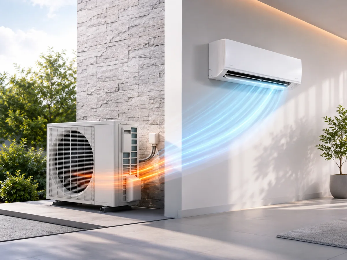 Ductless mini split system with indoor wall-mounted unit and outdoor condenser unit heating and cooling a modern home